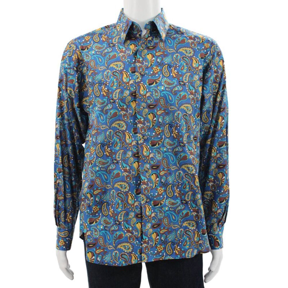 Paul Fredrick Mens Paisley Print Button Up Shirt Blue Size M